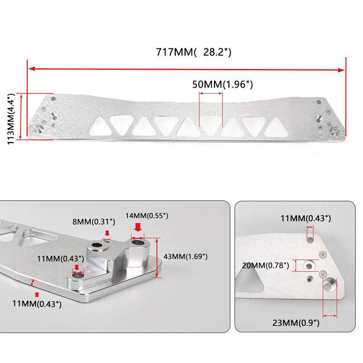 Silver metal rear lower control arm and tie bar with measurement diagram and mounting holes.