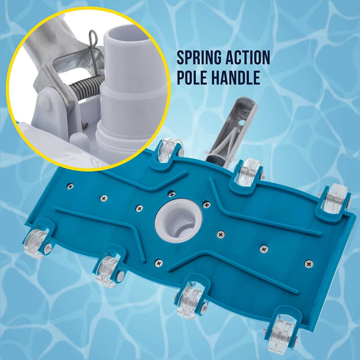 Pool vacuum head with spring-action pole handle and teal frame, white scrubbers