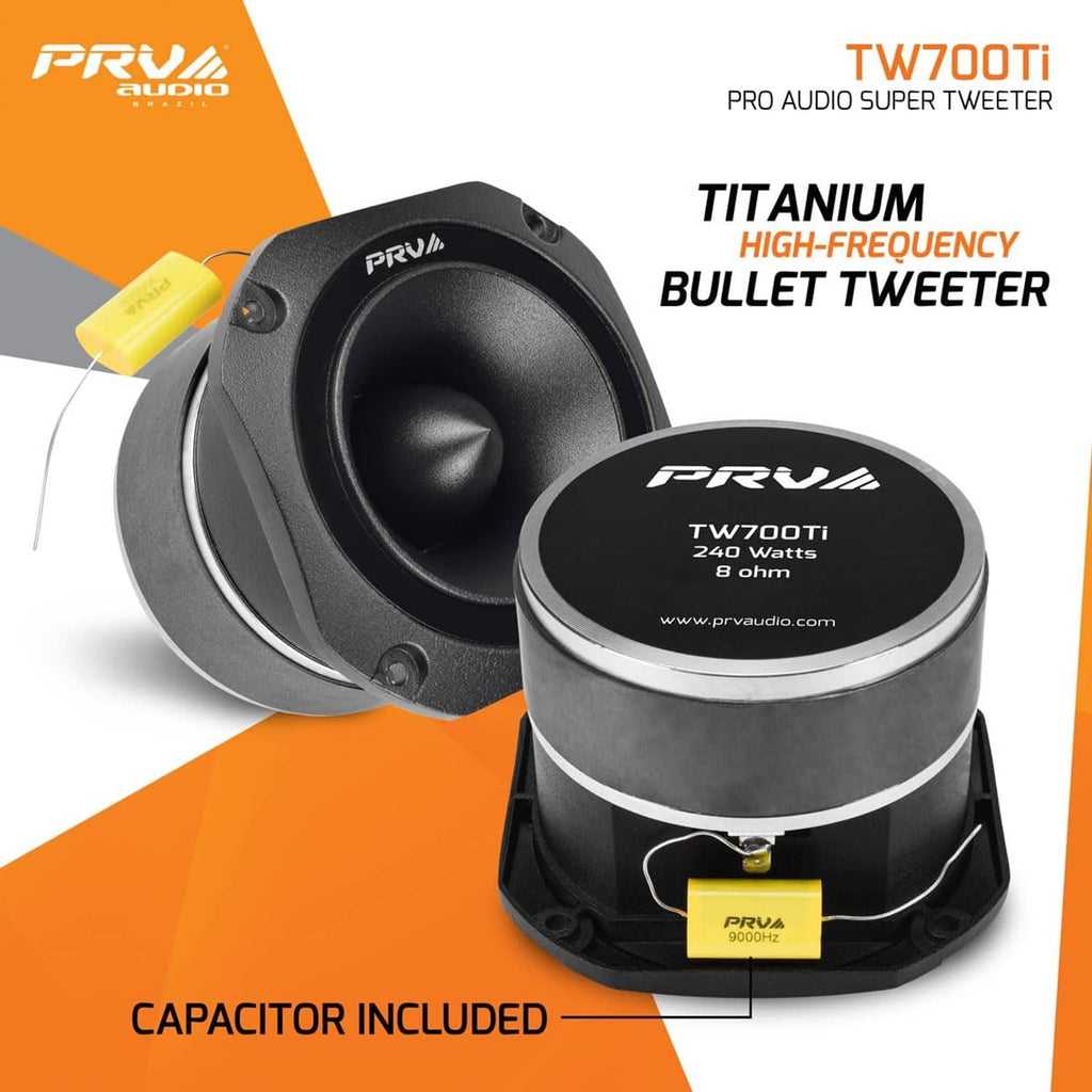 PRV Audio black bullet tweeter with mounting flange and dome, with wire leads