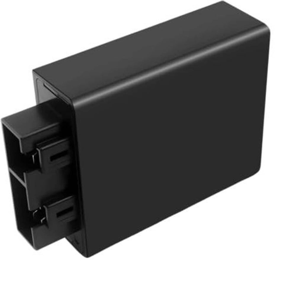 Black ignition control module CDI box viewed from side with mounting tabs
