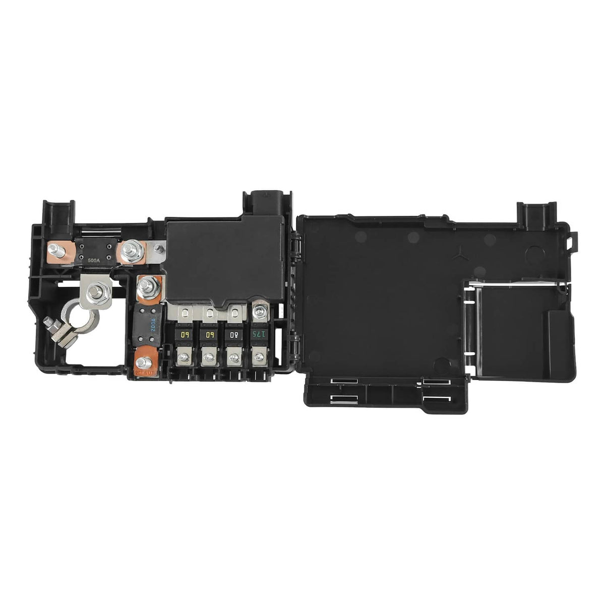 Fuse box junction relay module, open with fuse terminals and metal grounding plate