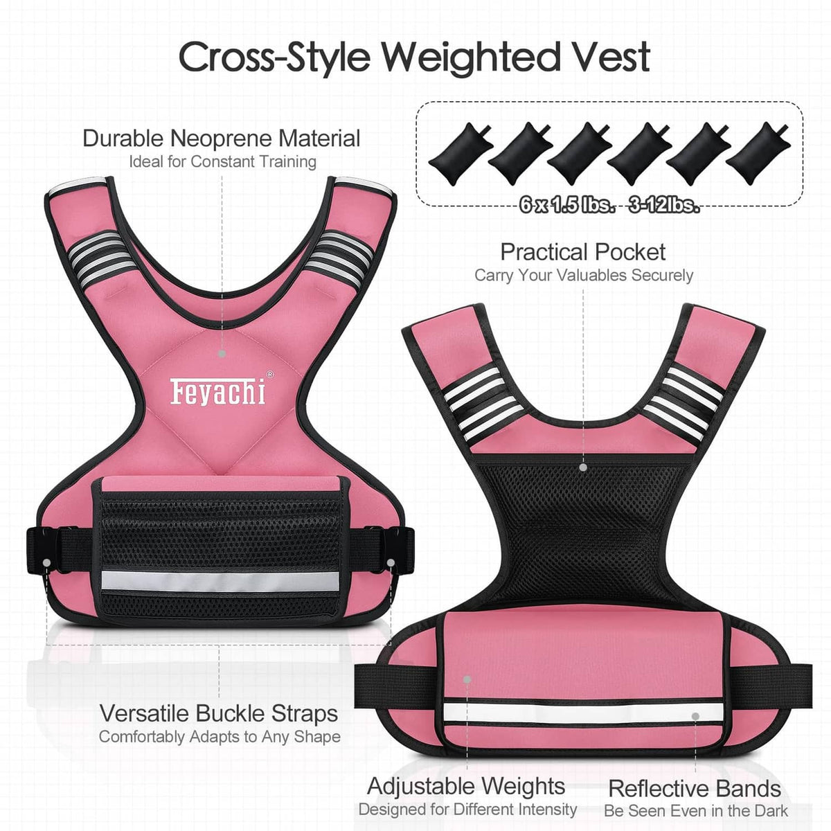 Pink cross-style weighted vest with front mesh pocket and adjustable buckle straps
