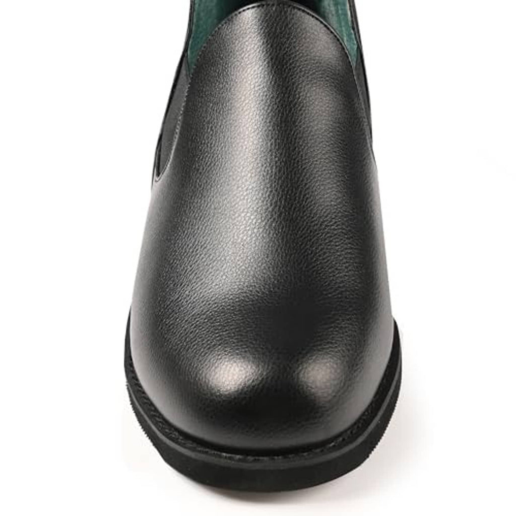 Black leather slip-on slipper with green interior lining and low-profile outsole