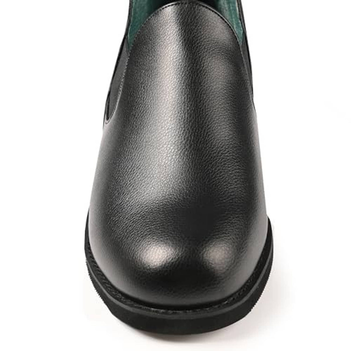 Black leather slip-on slipper with green interior lining and low-profile outsole