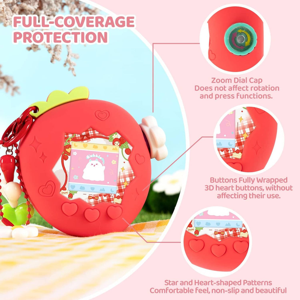 Red protective bubble case with wrapped buttons and star-heart patterns for Tamagotchi Paradise