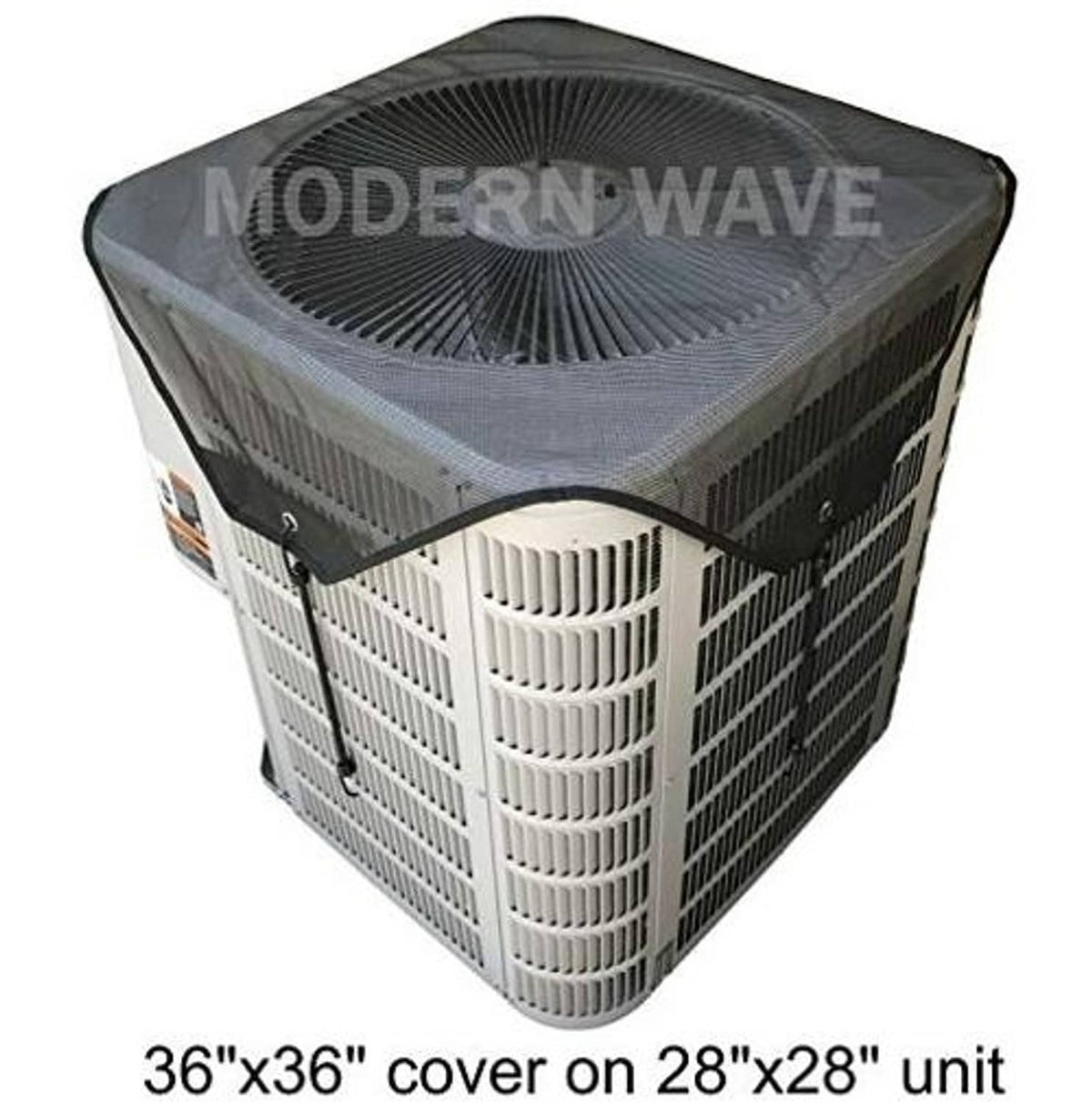 Outdoor AC condenser unit cover, gray screened fabric sides with black fitted top