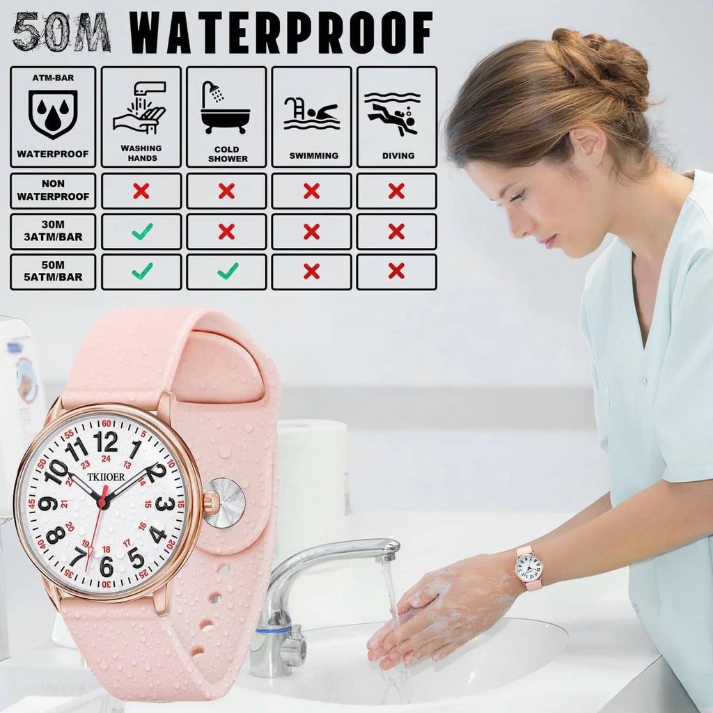 Rose pink silicone water-resistant nurse watch shown beside a sink and soap