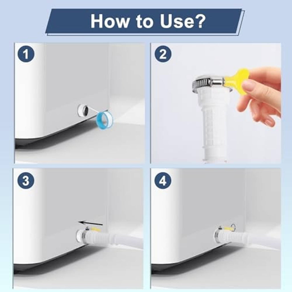 White drain hose kit with quick-connect fitting attaching to an appliance drain outlet