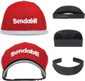 Red baseball cap with white Bendabill logo and black hat brim bender strap set
