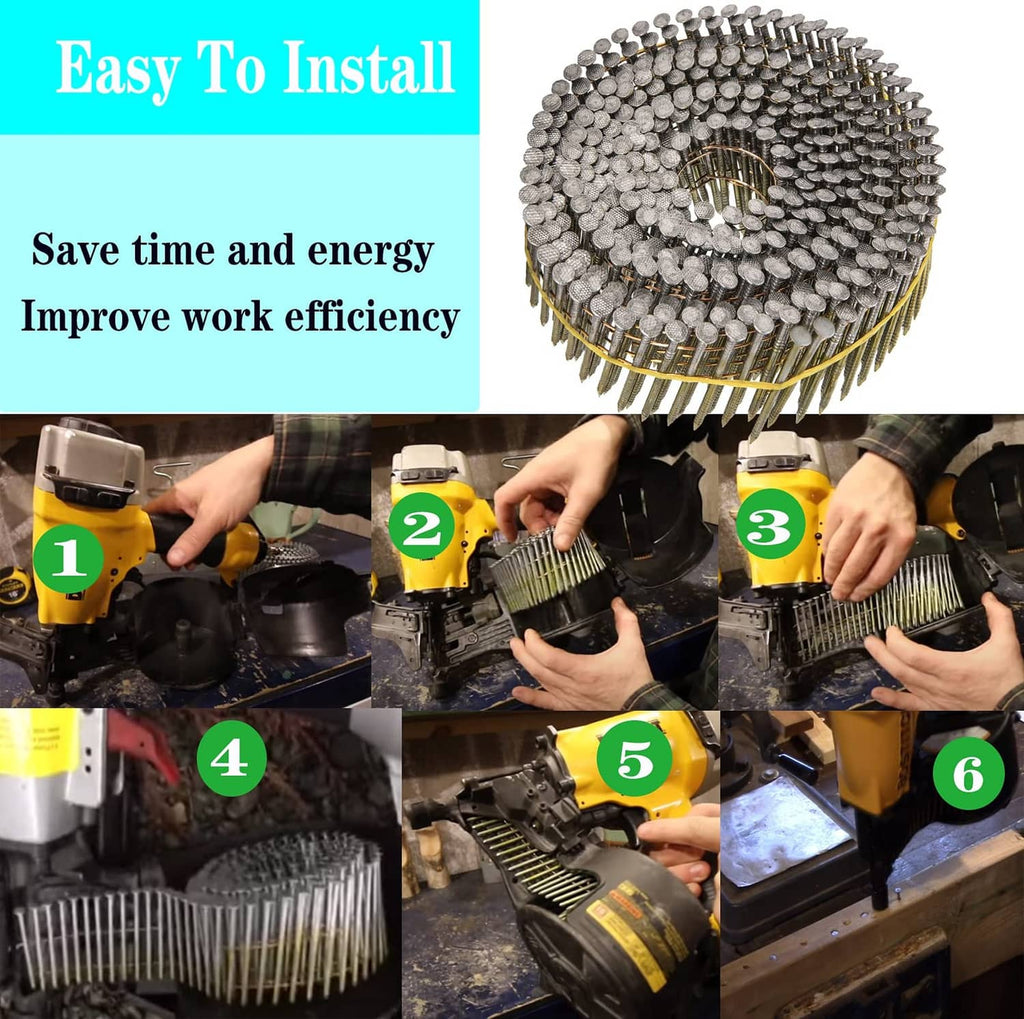 Collated siding nails wire coil with round heads, ring shank, ready for nailer use