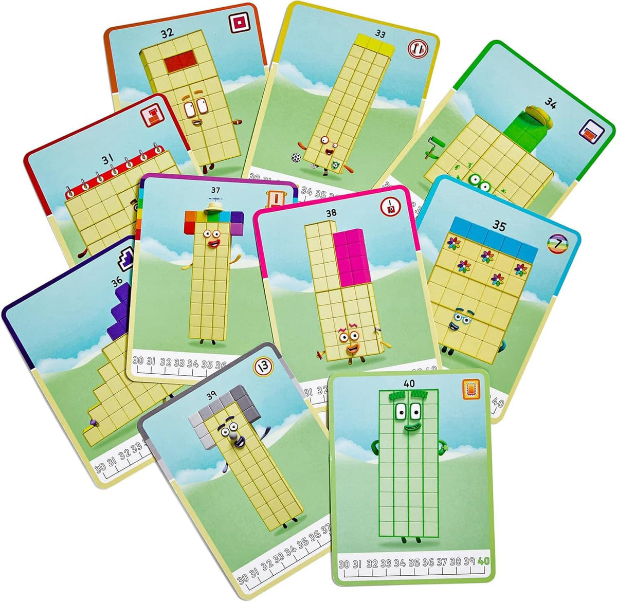 Numberblocks Mathlink activity cards with numbered grids and cube faces illustrations