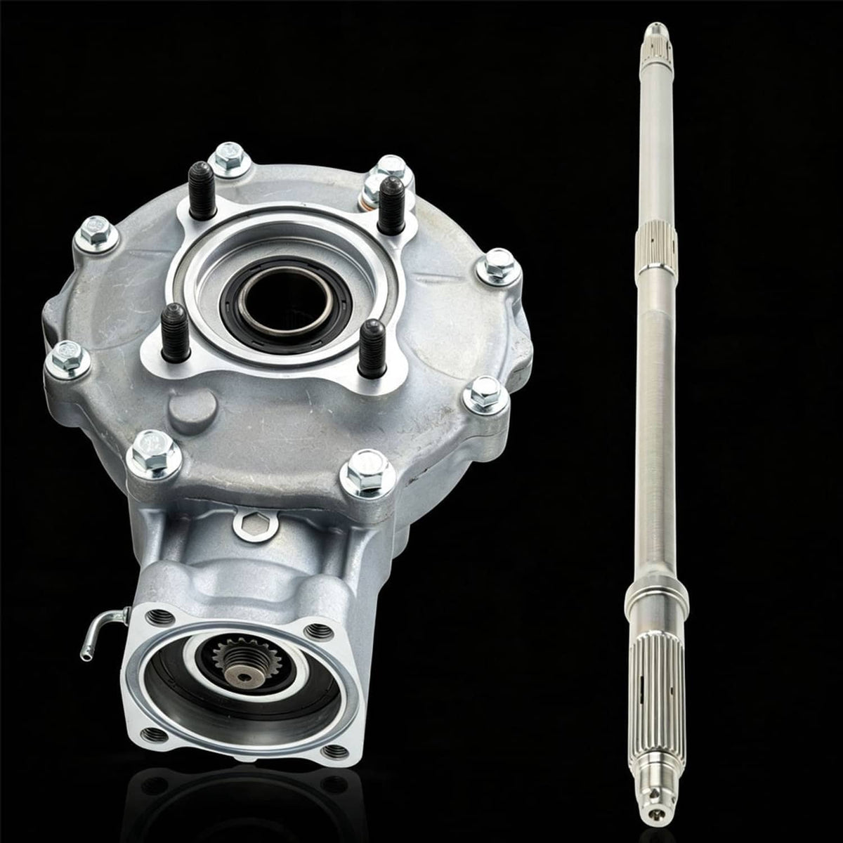 Differential housing with axle shaft, silver metal parts with bearing rings