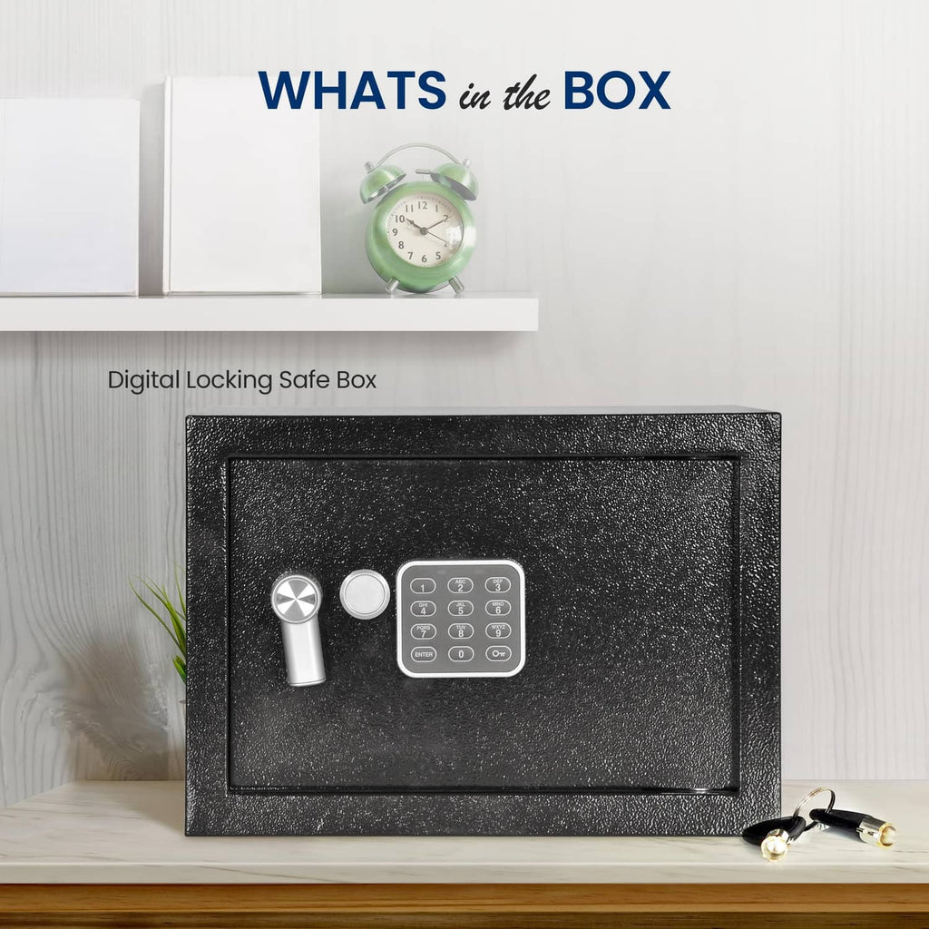 Black digital locking safe box with keypad and silver handle on shelf