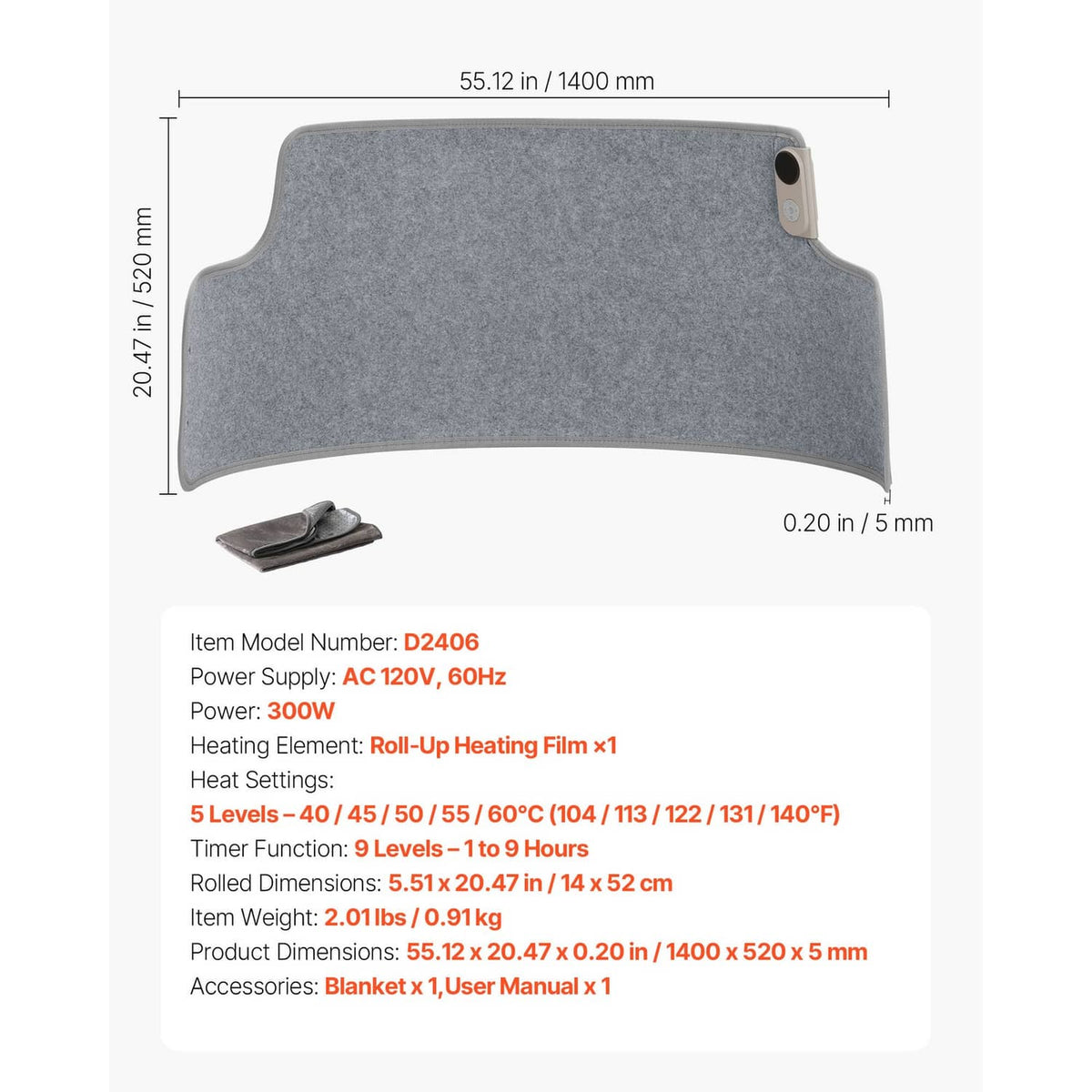 Gray roll-up heating pad with size diagram and thickness shown on product