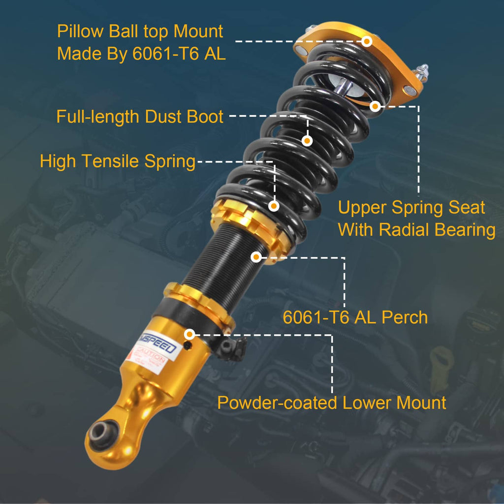 Gold coilover strut with black spring, dust boot and spring seat detail