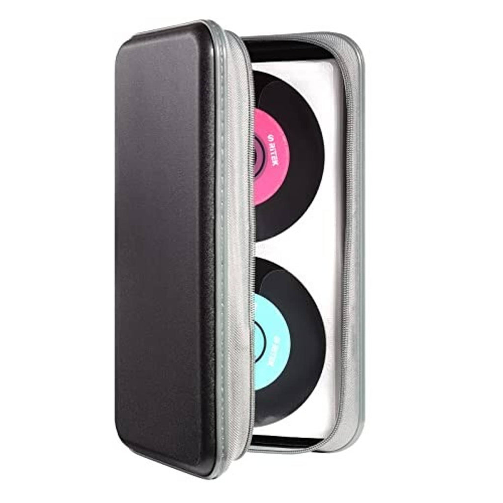 Black CD storage wallet with hard cover, open side view showing two disc sleeves
