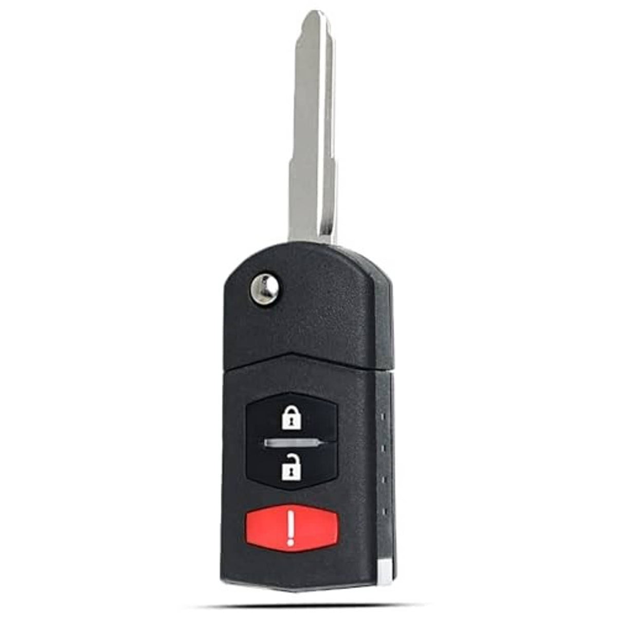Dark key fob shell replacement with metal key blade, lock/unlock buttons, and red alarm button