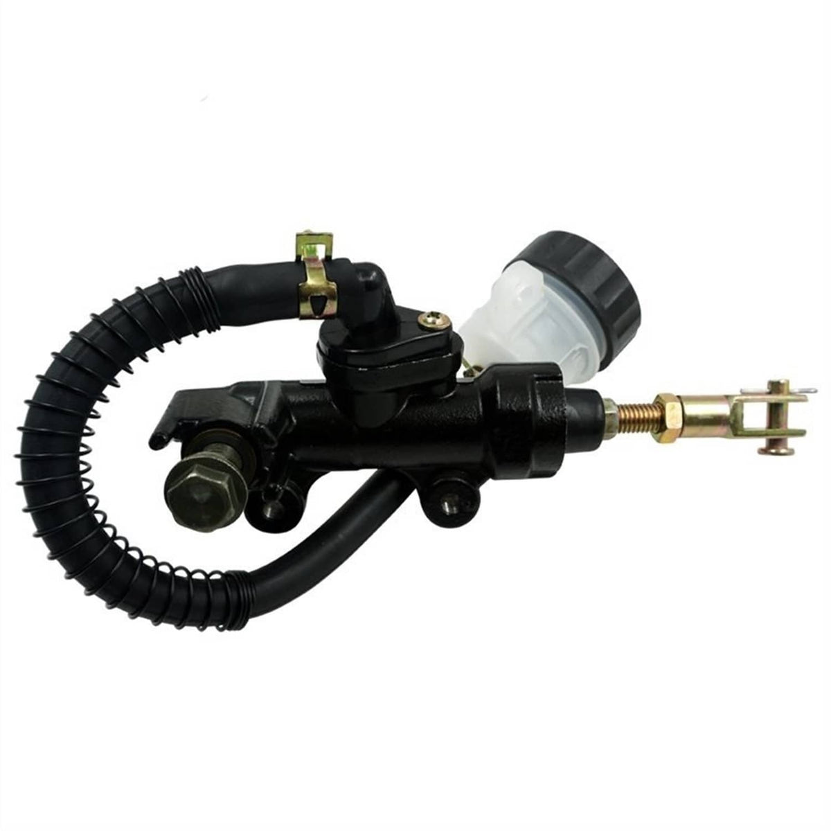 Rear brake master cylinder pump with black reservoir and rubber hose