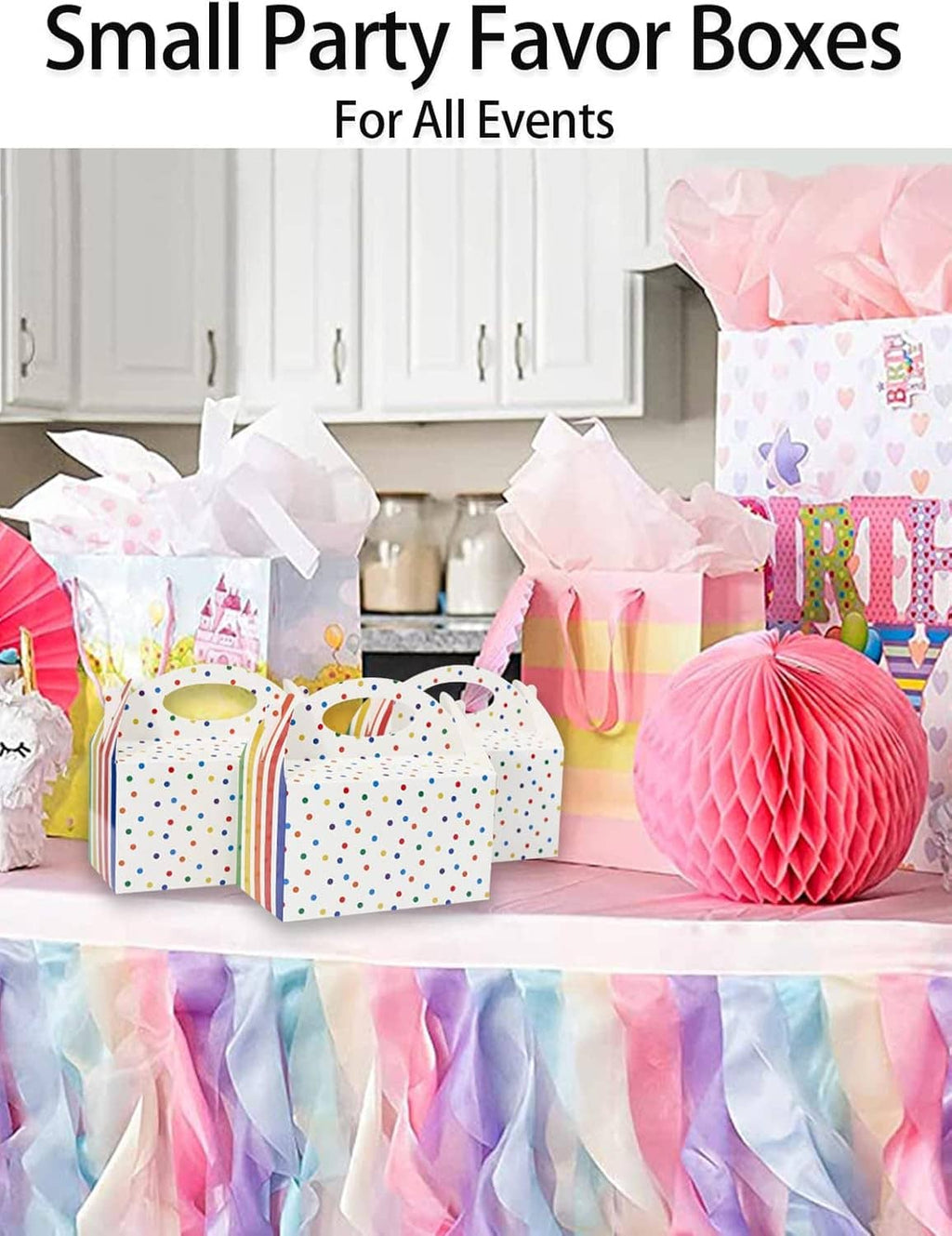 Kids party favor boxes in white with colorful polka dots and rainbow striped patterns.