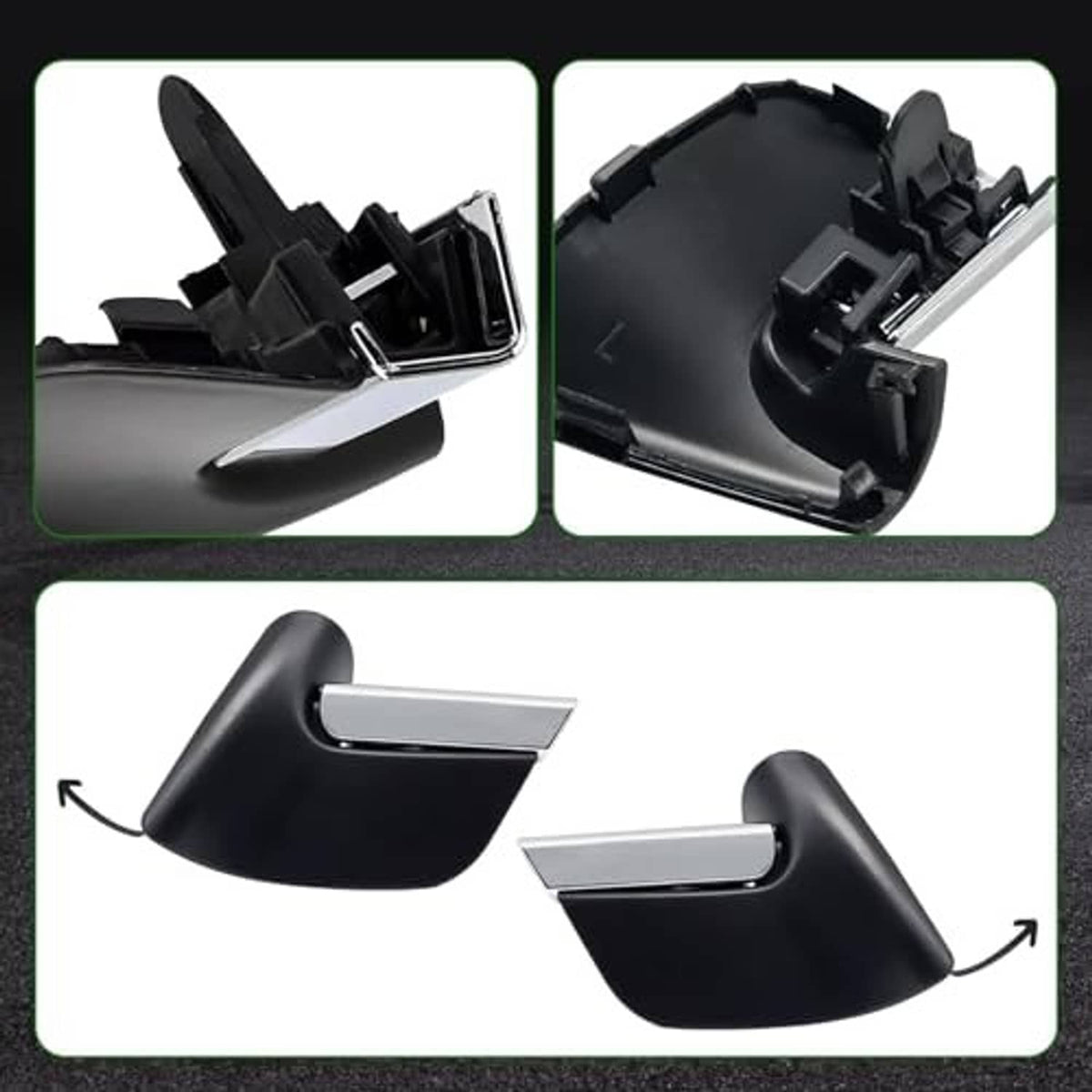 Pair of front bumper trim parts, black covers with silver insert bars and mounting clips