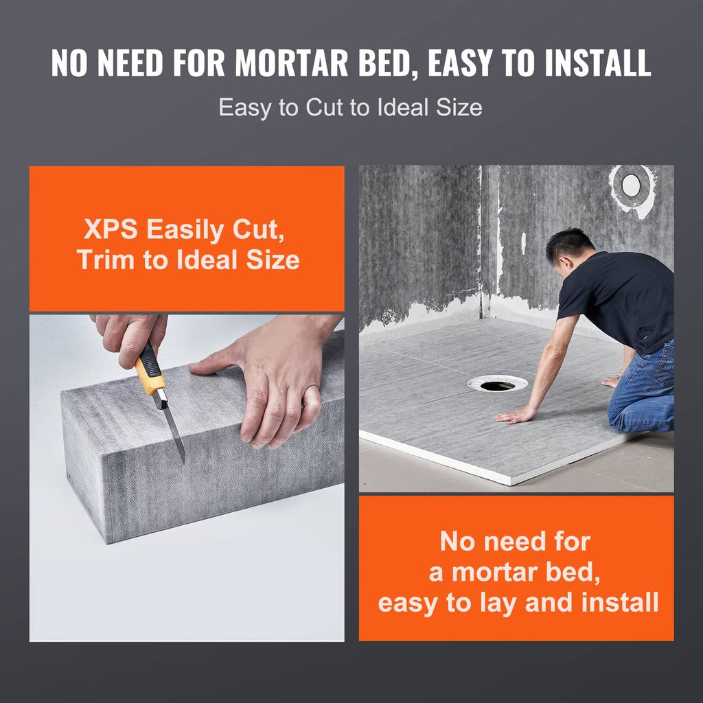 Grey ABS waterproof shower pan kit with central flange, being trimmed to fit