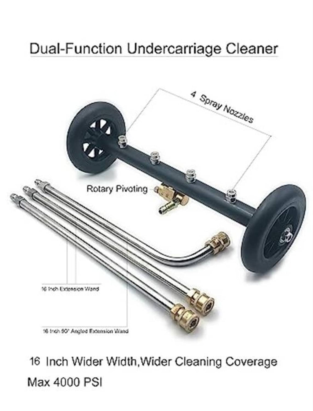 Undercarriage cleaner attachment with rotary pivot bar, two extension wands, and four nozzles