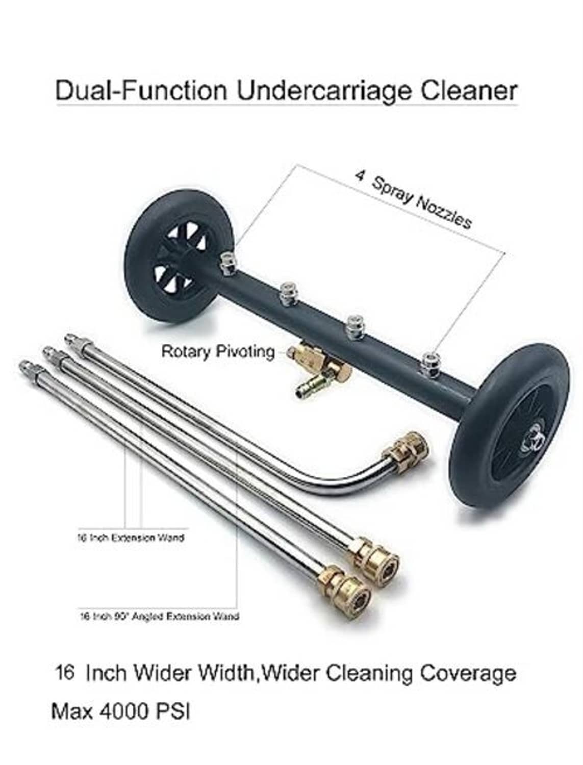 Undercarriage cleaner attachment with rotary pivot bar, two extension wands, and four nozzles