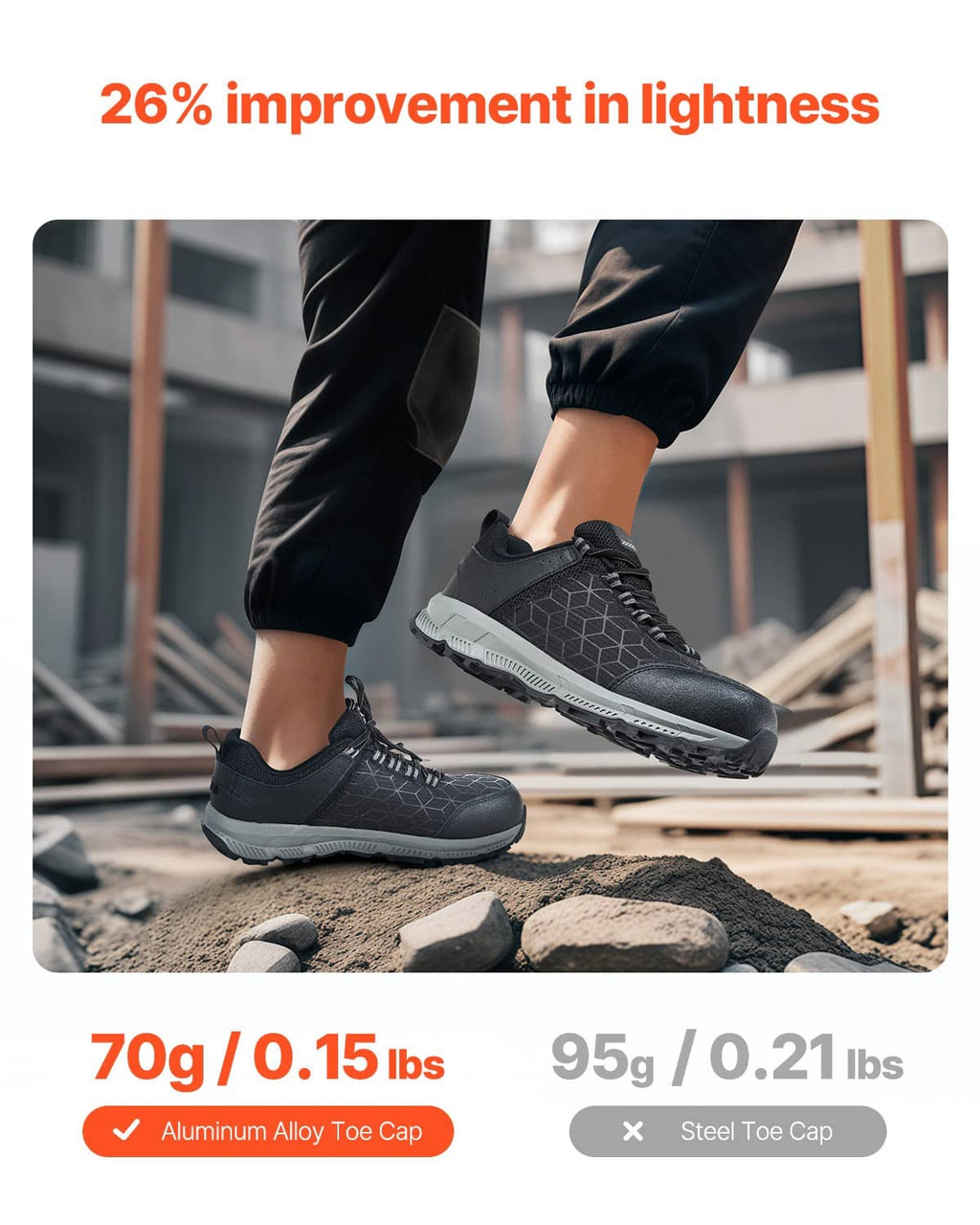 Black work sneakers worn outdoors, lace-up uppers with geometric side pattern