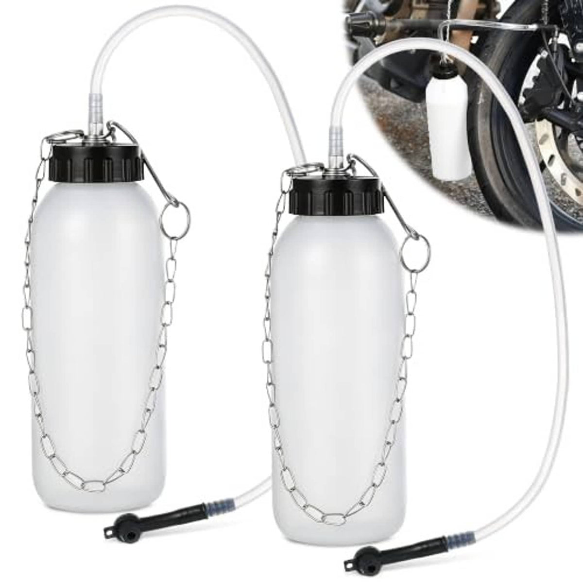 Two-piece brake bleeder bottle set with white bottles and clear hoses, black adapters