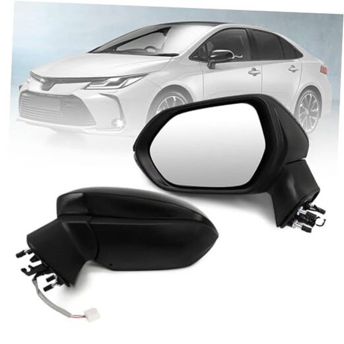 Left driver side mirror assembly with black housing, silver base, and wiring plugs