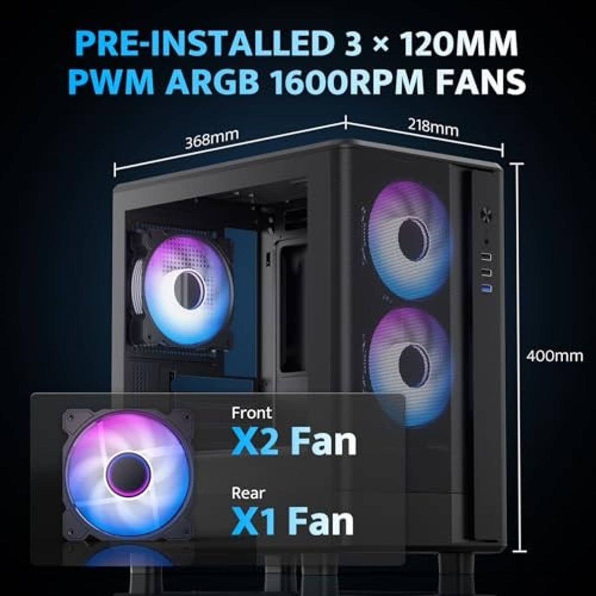 Black micro-ATX PC case featuring three pre-installed 120mm RGB PWM fans