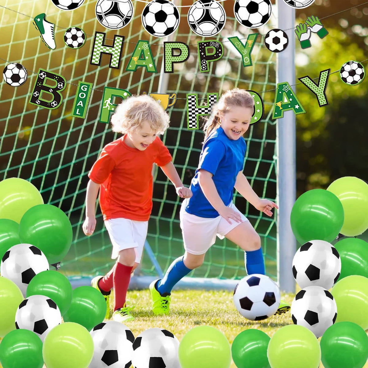 Soccer birthday party backdrop with balloons and garland, green “Happy Birthday” lettering