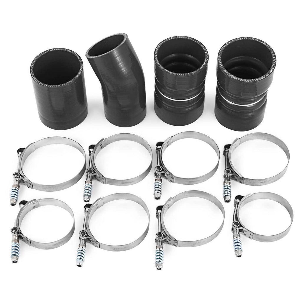 Black silicone coupler boots with stainless hose clamps and spring bands