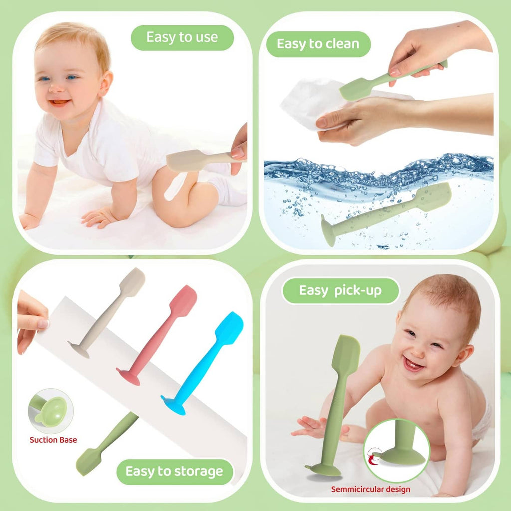 Silicone diaper spatulas in green, pink, and gray with suction base and easy storage