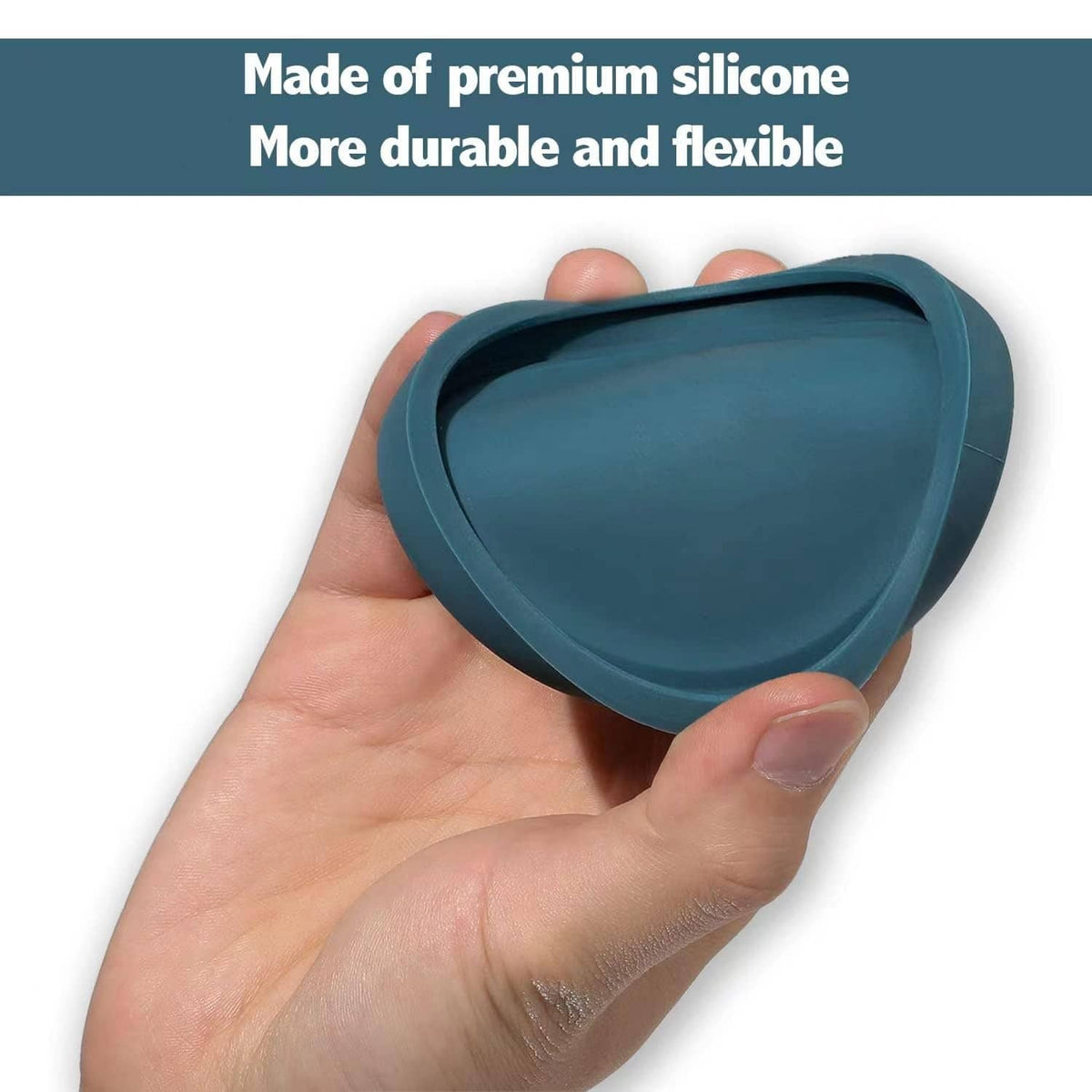 Teal silicone cat can lid held in hand, flexible curved shape