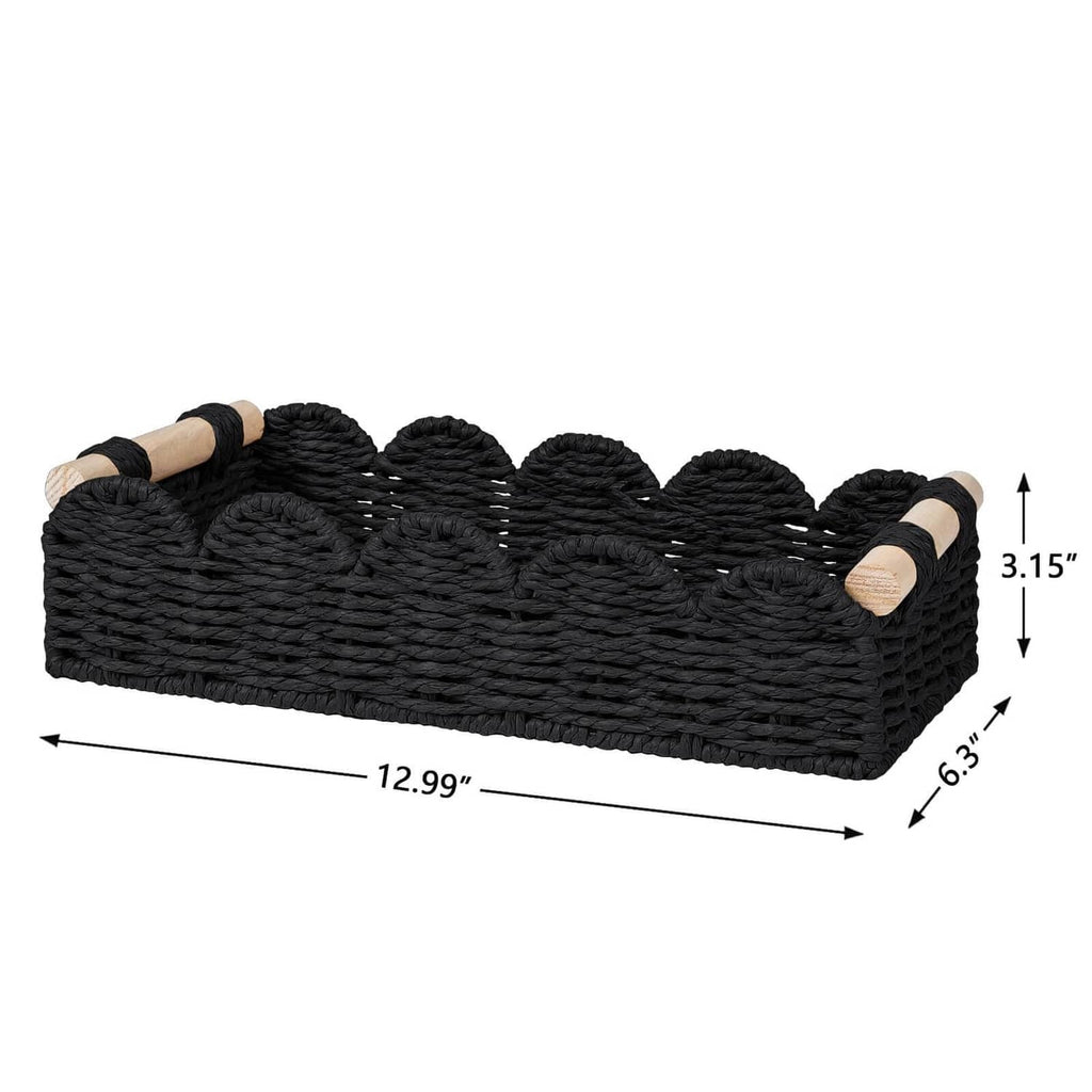 Black rectangular woven storage basket with wood-capped side handles and curved top edge