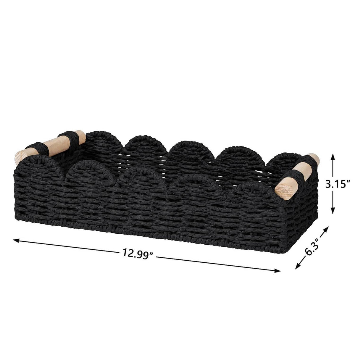 Black rectangular woven storage basket with wood-capped side handles and curved top edge