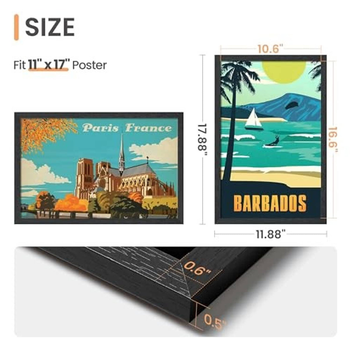 Black photo frame showing size for 11x17 poster, with corner dimension lines.