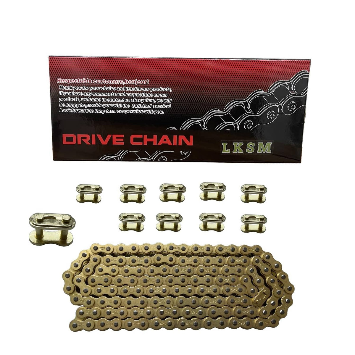 Gold motorcycle drive chain with master link clips and boxed set contents
