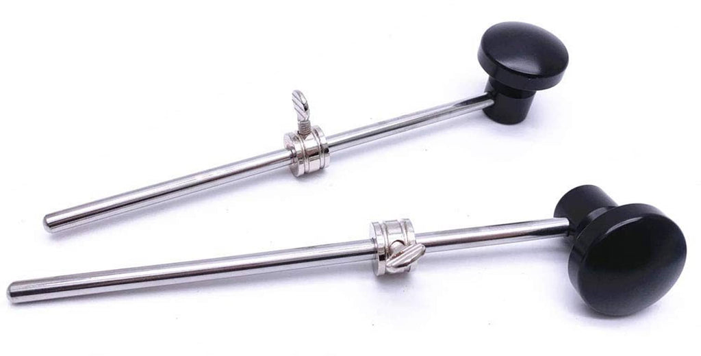 Bass drum pedal beater heads set with black rubber mallets and chrome shafts
