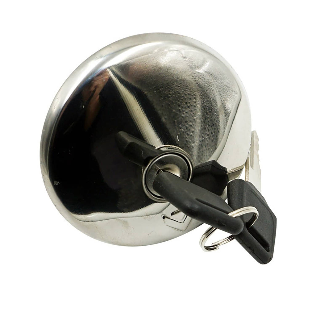 Silver fuel tank lock cap with key inserted and two metal keys attached
