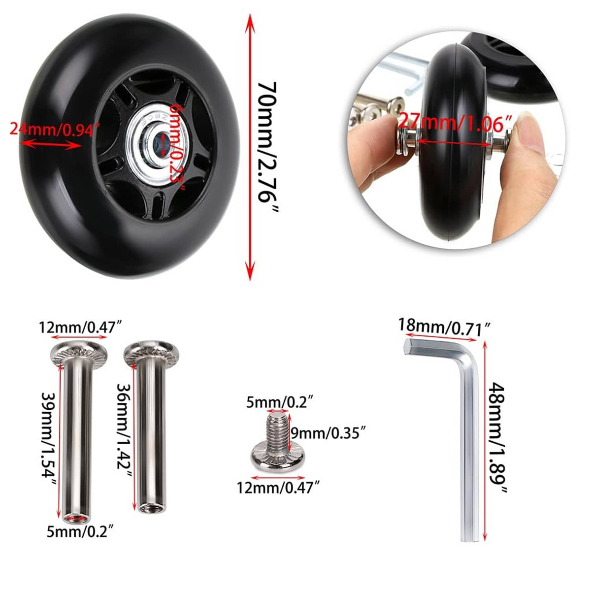 Single black luggage replacement wheel with metal mounting L-bracket, screws, and washers