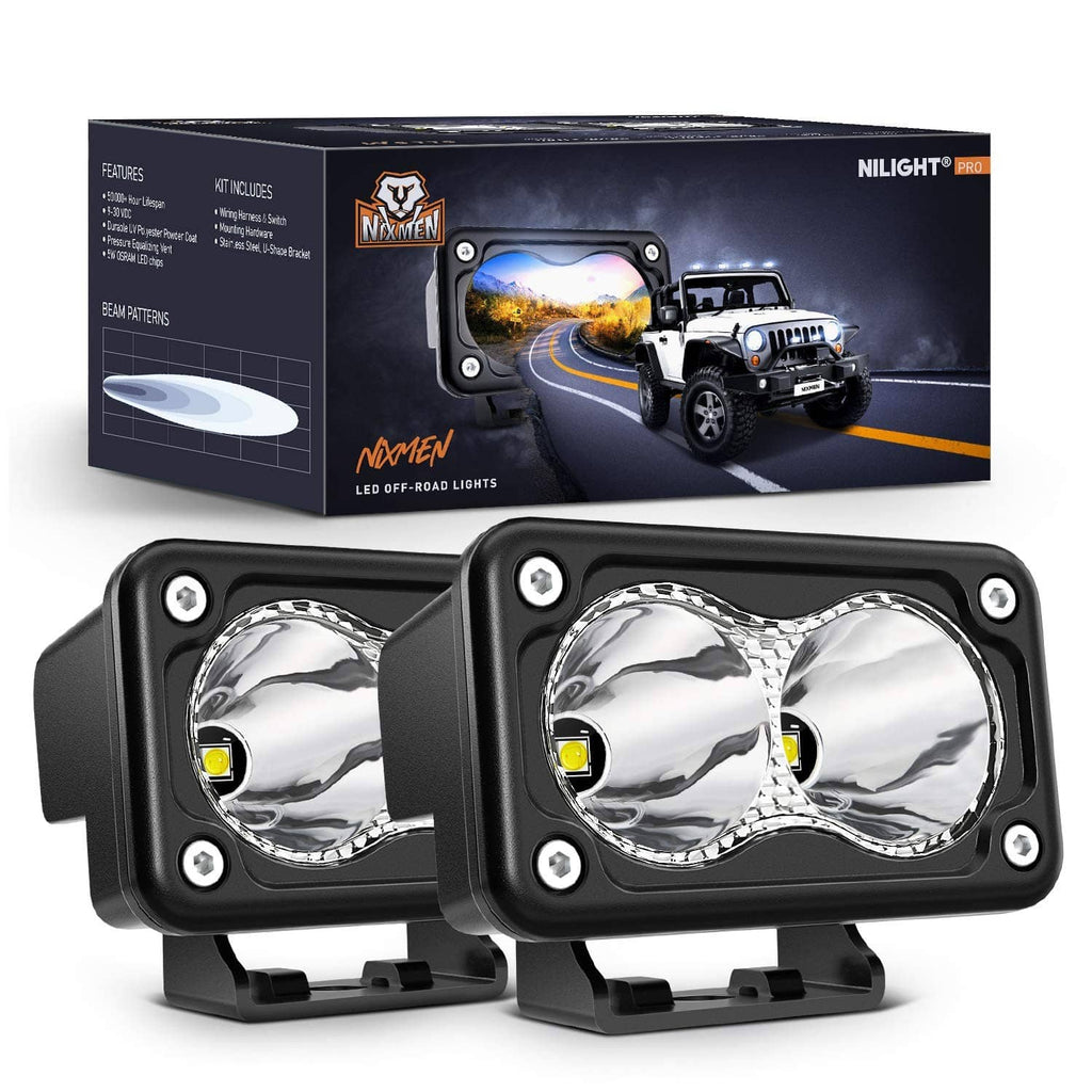 Pair of dual 3-inch motorcycle LED pod lights with chrome reflectors in black frames