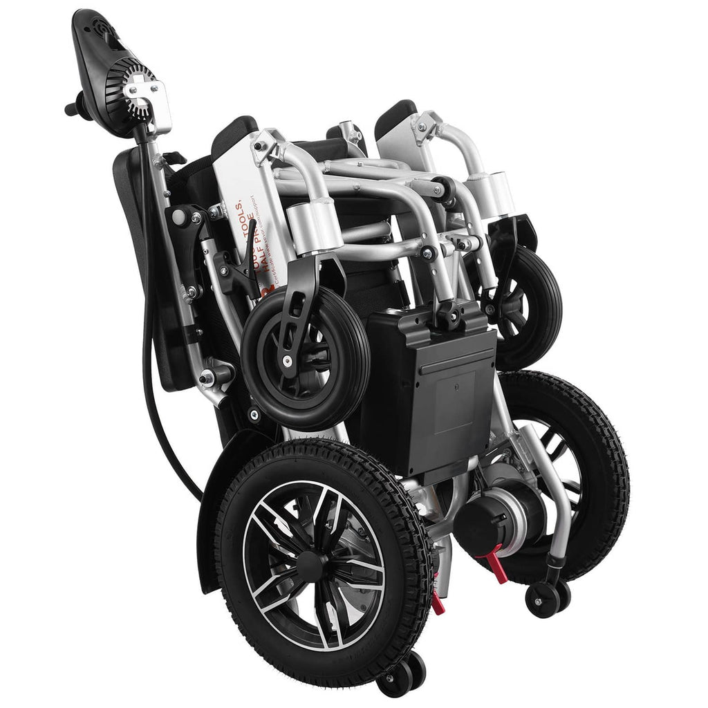Foldable electric wheelchair shown from the side with black seat, armrests, and rear wheels.