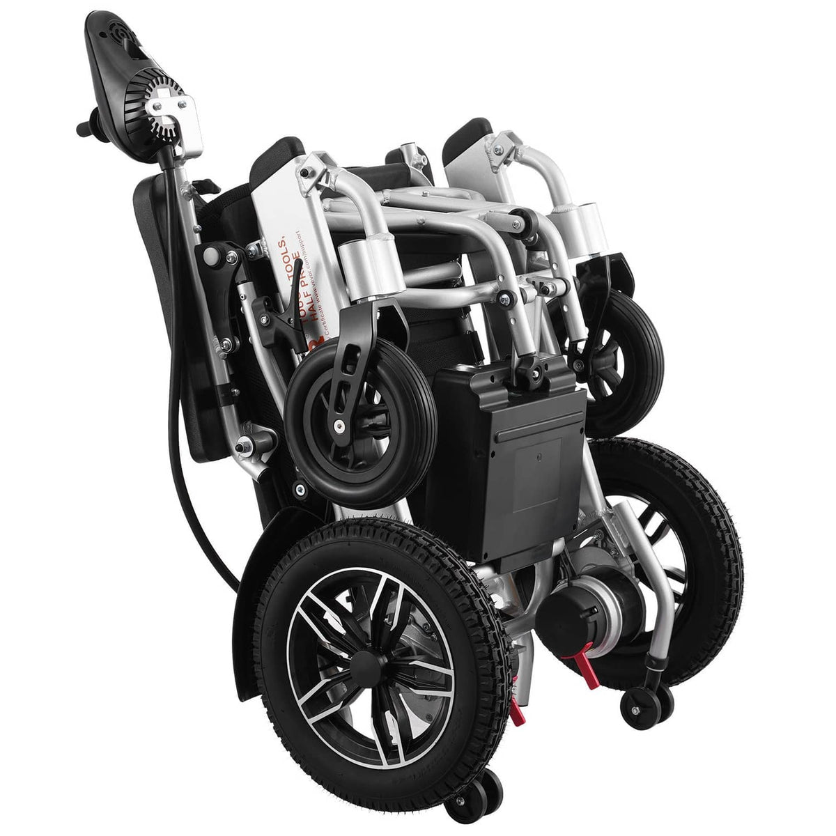 Foldable electric wheelchair shown from the side with black seat, armrests, and rear wheels.