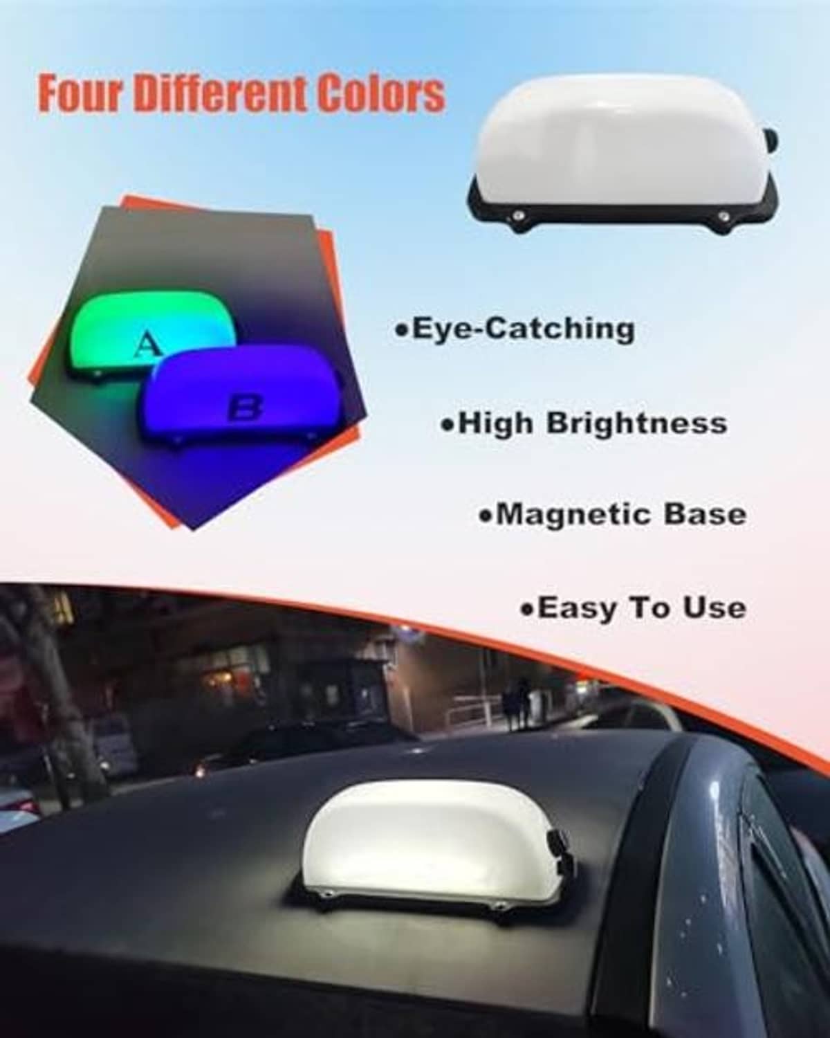 White car roof sign light with magnetic base on car dashboard