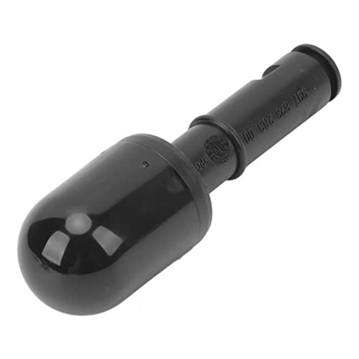 Black headlight washer nozzle with star-shaped spray opening and molded code