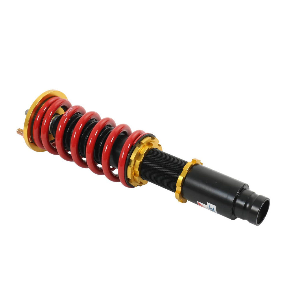 Coilover shock with red coil spring, black damper, and gold mounting hardware
