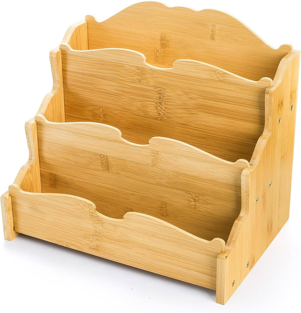 Bamboo 3-tier greeting card holder with three scalloped compartments