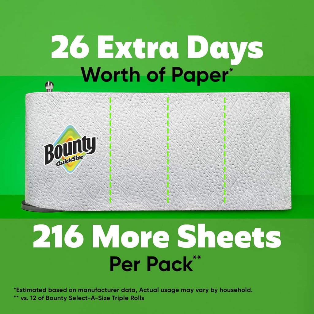 White Bounty QuickSize paper towel roll pack, multiple rolls arranged